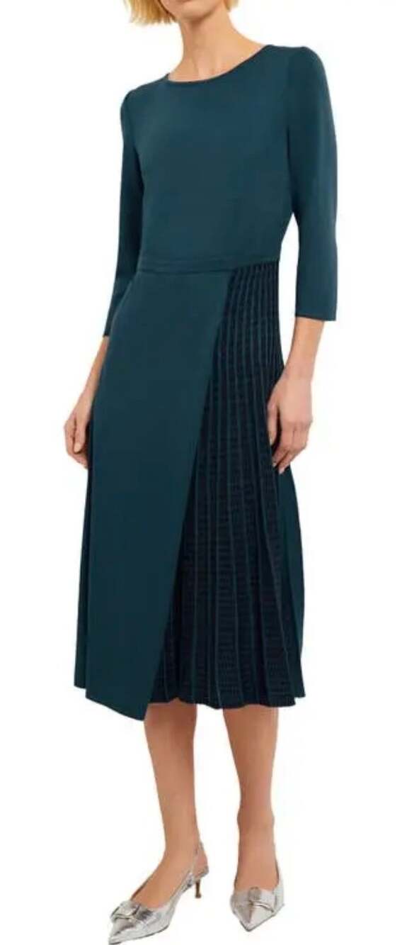 Misook Knit Pleated Midi Dress Crew Neck 3/4 Sleeve Classic Modest Sz S New